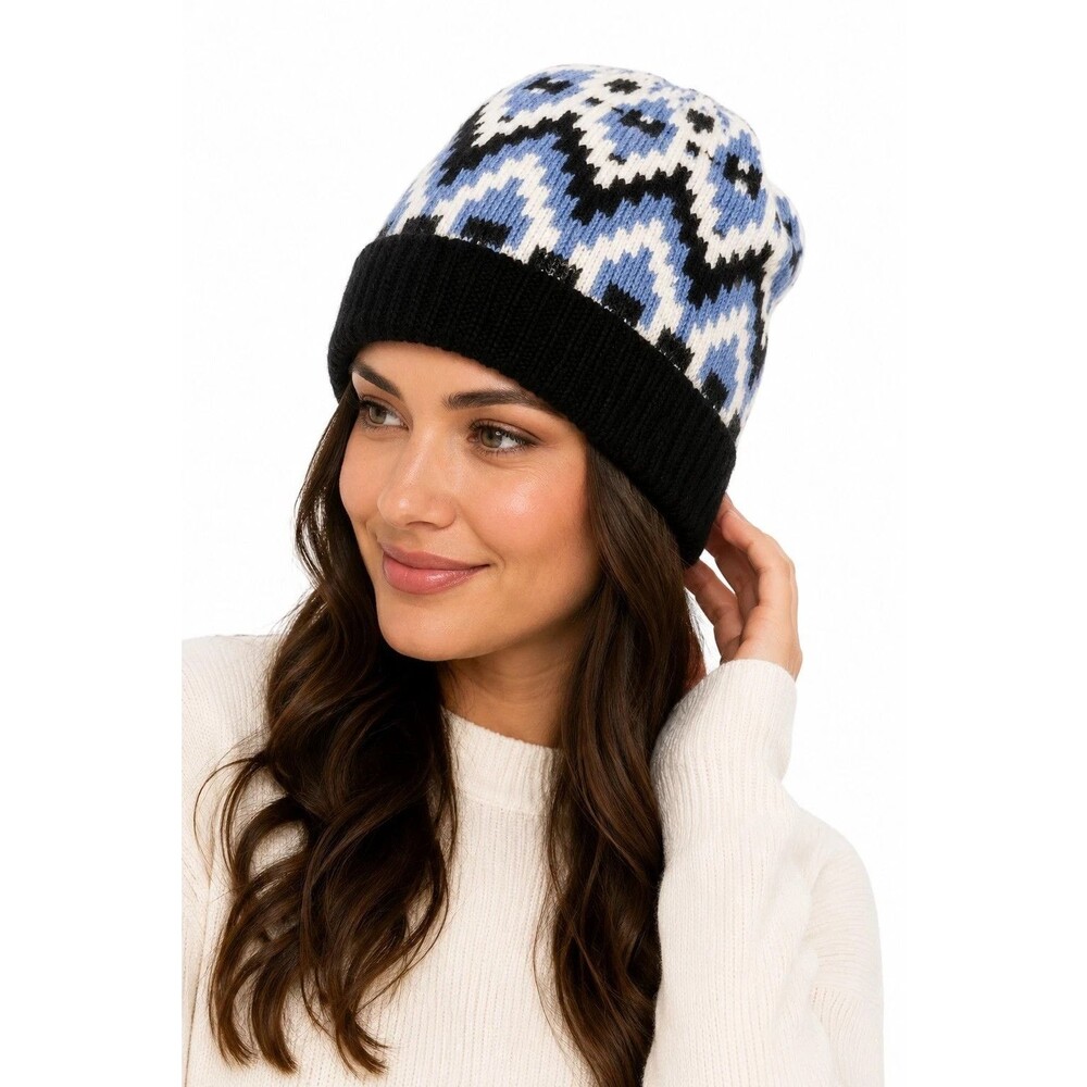 AQUA Bloomingdale’s Women's Fair Isle Beanie Hat Blue Black White Wool Blend OS